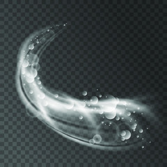 Abstract white foam. Effect of spray, whirlwind and blizzard on transparent background. Dynamic 3d elements for design of washing powders and liquid detergents