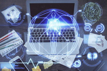 Desktop computer background and education theme drawing. Double exposure. Study concept.