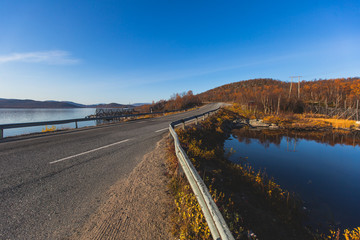 View of Kilpisjarvi village, with Saana mountain, Lake Kilpisjärvi, Enontekiö municipality, Lapland, Finland, the very northwesternmost point of Finland, autumn fall view