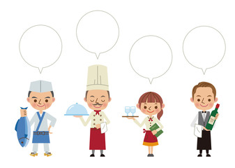 Obraz premium 飲食店で働く人々4人（板前・コック・ウェイトレス・ウェイター）フキダシあり