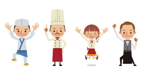 飲食店で働く人々4人（板前・コック・ウェイトレス・ウェイター）喜び
