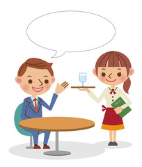 カフェでウェイトレスに話しかけるビジネスマン（フキダシあり）