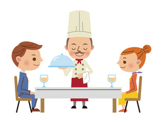 レストランイメージ（料理を運ぶシェフと男女カップル）