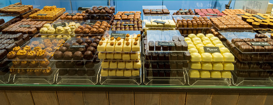 Chocolates in a chocolatier in Bruges, Belgium