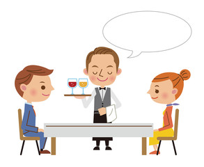 レストランイメージ（飲み物を運ぶウェイターと男女カップル・フキダシあり）