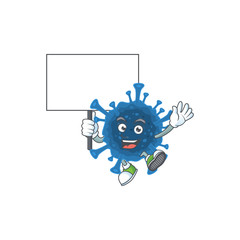 A picture of coronavirus desease cartoon character with board