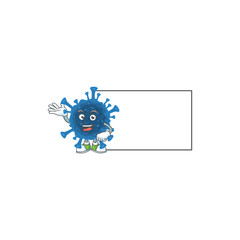 Cheerful coronavirus desease mascot style design with whiteboard