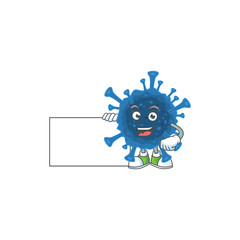 Cute funny coronavirus desease cartoon character having a board