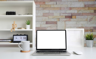 Workspace desk and laptop. copy space and blank screen. Business image, Blank screen laptop and supplies.