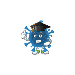 A happy character of coronavirus desease in a black Graduation hat