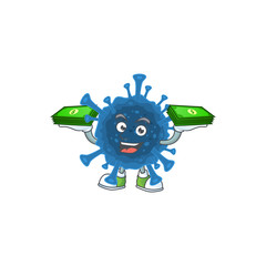rich and famous coronavirus desease cartoon character with money on hands