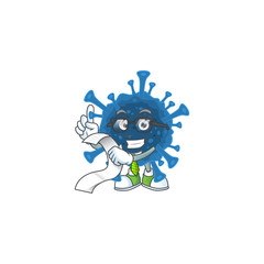 A funny face character of coronavirus desease holding a menu