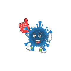 A cartoon design of coronavirus desease holding a Foam finger