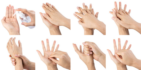 Man hands using wash hand sanitizer gel pump dispenser for protection coronavirus and bacteria,...