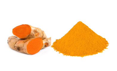 Turmeric (curcumin) rhizomes and powder isolate on a white background,Used for cooking and as...