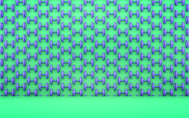 A Dumbbells wall on green background, solid background, flat background, two color, 3d Rendering
