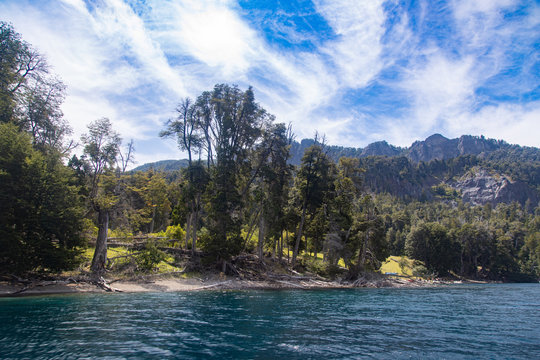 Traful lake northern shore where is located the sunken forrest. Tsunami alert. Patagonia Argentina