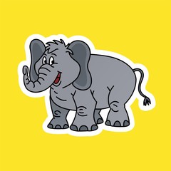Sticker of Elephant Smiled Cartoon, Cute Funny Character, Flat Design