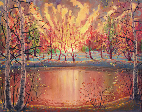 Oil painting sunset autumn landscape on canvas with nature, beautiful forest, golden foliage, crimson trees, sun light beams, water pond, hand drawn illustration with beautiful watercolor pastel color