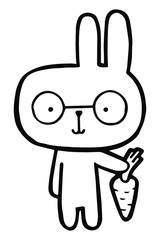 Vector illustration. Cartoon rabbit. Cute character. Rabbit with glasses. The rabbit holds a carrot in his hand. Coloring page. Emotions Stickers Black line. Use for kids stuff. Joy and happiness.