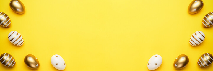 Easter egg hunt. Easter composition: golden shine decorated eggs in basket. Greeting card trendy design. for you poster or flyer