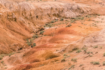 Red canyon in hills. Soil erosion following drought, climate change and formation of gullies. Lack of water in dry steppe