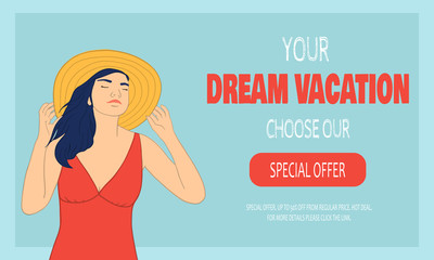 Attractive woman in red swimsuit. Flat Banner, Flyer Summer Sale Cartoon concept. Special Hot Sales and Offer Goods for Men and Women on Vacation or Vacation at Bargain Price.Landing Web page template