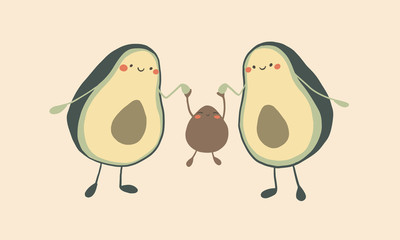Cute cartoon avocado family, two parents and child. Parents holds child s hands. Happy eco family concept. Funny adorable faces character drawing. Isolated vector illustration.