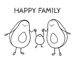 Cute cartoon avocado family, two parents and child. Parents holds child`s hands. Happy eco family concept. Funny adorable faces character drawing. Isolated vector illustration.