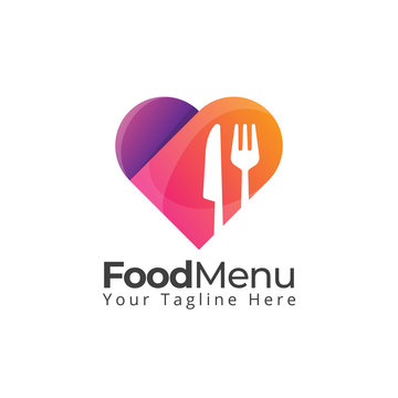food love heart with fork, knife. logo for restaurant cafe