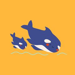 Cute flat killer whale drawing. Adorable little cartoon orca vector illustration. Childish rare animal wild ocean concept