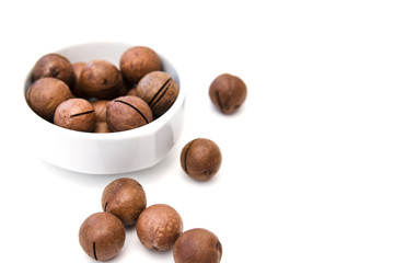 Nuts of Macadamia Integrifolia L, also known as Macadamia nuts, in white bowl and scattered around on white background.