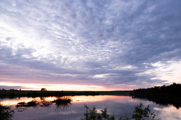 Fototapeta premium red sunset and clouds over lake, silhouettes of trees on river bank