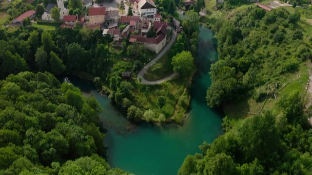 Drone flying above the landscape in Rastoke Croatia