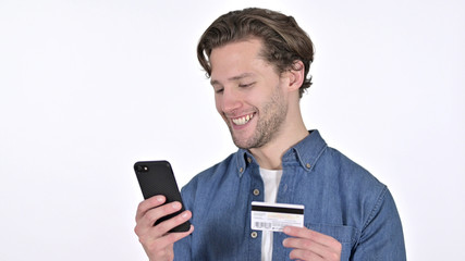 Online Payment on Smartphone by Young Man on White Background