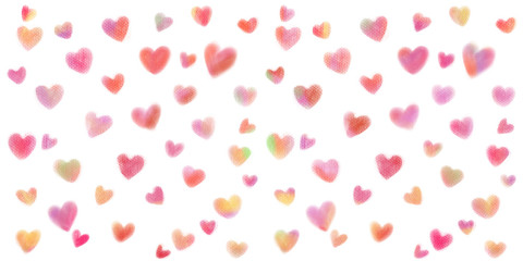 手書き風 パステルハート背景素材（赤・ピンク）ワイド版