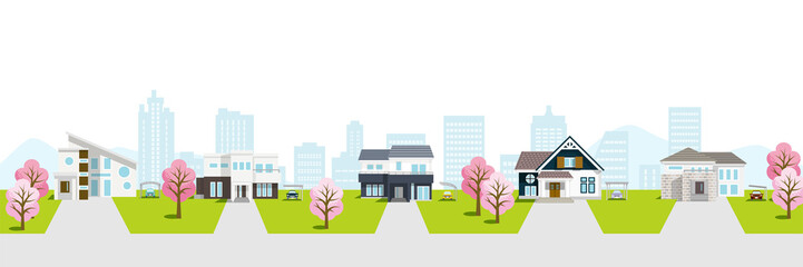 Residential area townscape with cherry trees incluede sihouette of building  ,white background