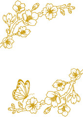 Frame of butterfly and cherry blossom twigs - line art