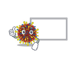 cute corona virus molecule cartoon character Thumbs up bring a white board