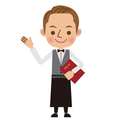 メニューブックを持って案内するウェイター