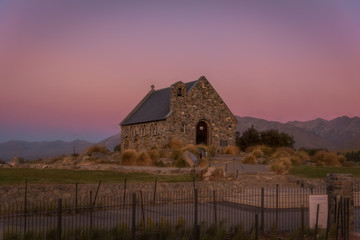 Fototapeta na wymiar Church of the Good Shepherd at sunset Lake Tekapo, New Zealand