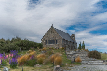 Church of the Good Shepherd, Lake Tekapo with lupins.