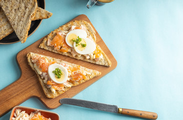 Toasted whole grain bread with a fresh smoked salmon spread made with a light yogurt and spices.