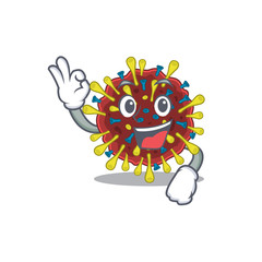 Corona virus molecule cartoon character design style making an Okay gesture