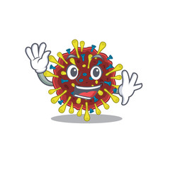 Smiley corona virus molecule cartoon mascot design with waving hand