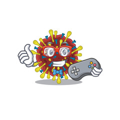 Cool gamer of corona virus molecule mascot design style with controller