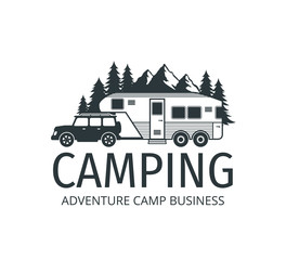 camping car trailer in the middle of jungle of pine trees for outdoor camp adventure vector logo design