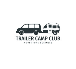 car towing a camping trailer for road trip camp adventure vector logo design