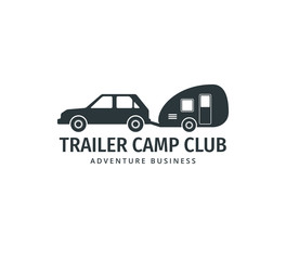 car towing a camping trailer for road trip camp adventure vector logo design