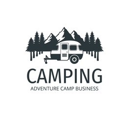 camping car trailer in the middle of jungle of pine trees for outdoor camp adventure vector logo design